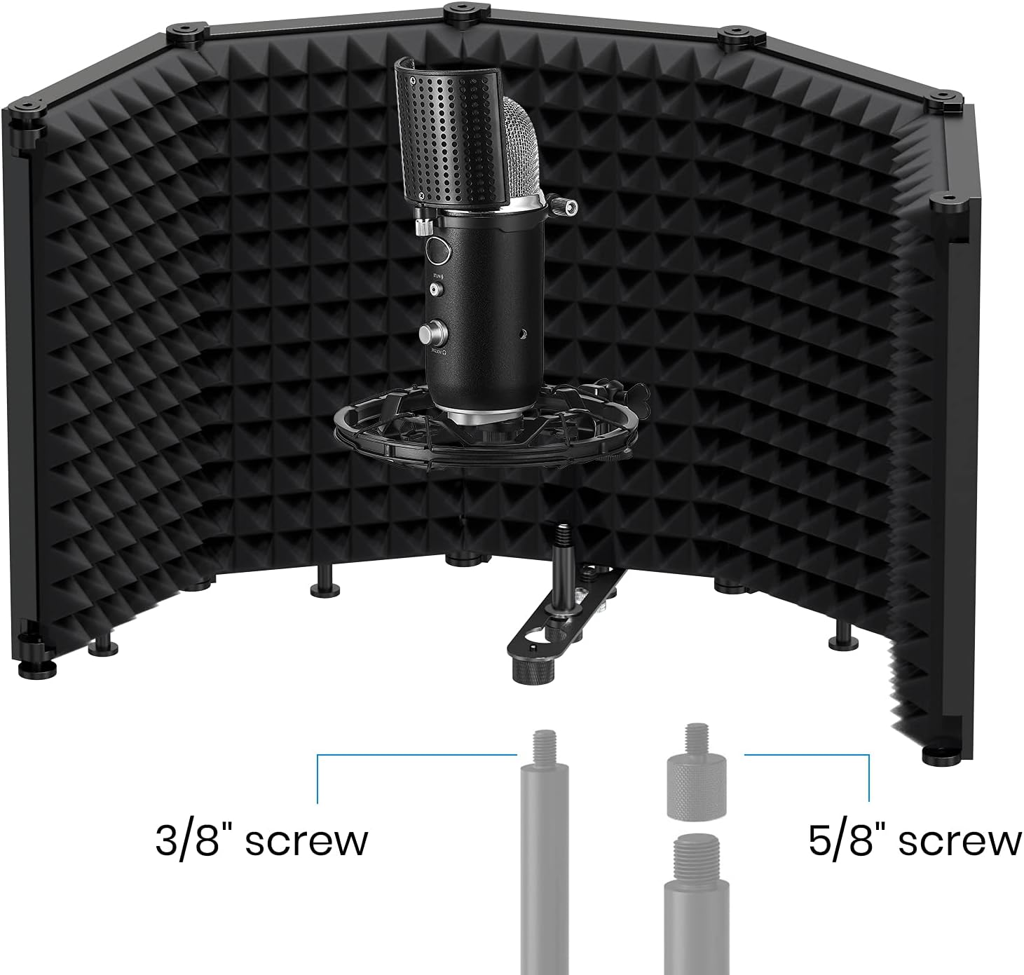 Moukey Microphone Isolation Shield, Foldable Mic Shield with Triple Sound Insulation, Reflection Filter with 3/8" and 5/8" Mic Threaded Mount for Recording Studio, Podcasts, Singing, and Broadcasting