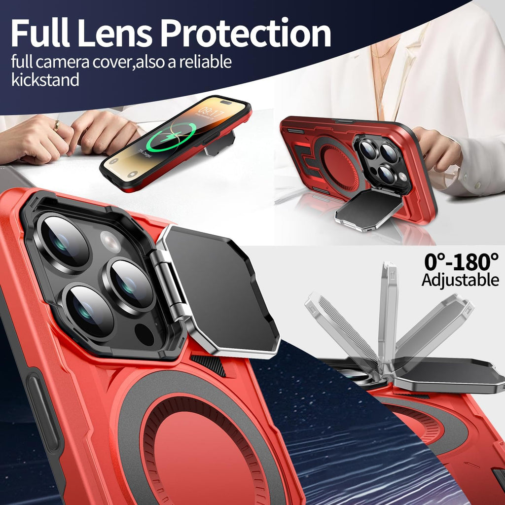 Camera Stand Case for iPhone 14 Pro, [Compatible with MagSafe] [Lens Cover] 2024 Version Military Grade Protective Soft Case for iPhone 14 Pro 6.1 inch Men Women, Red