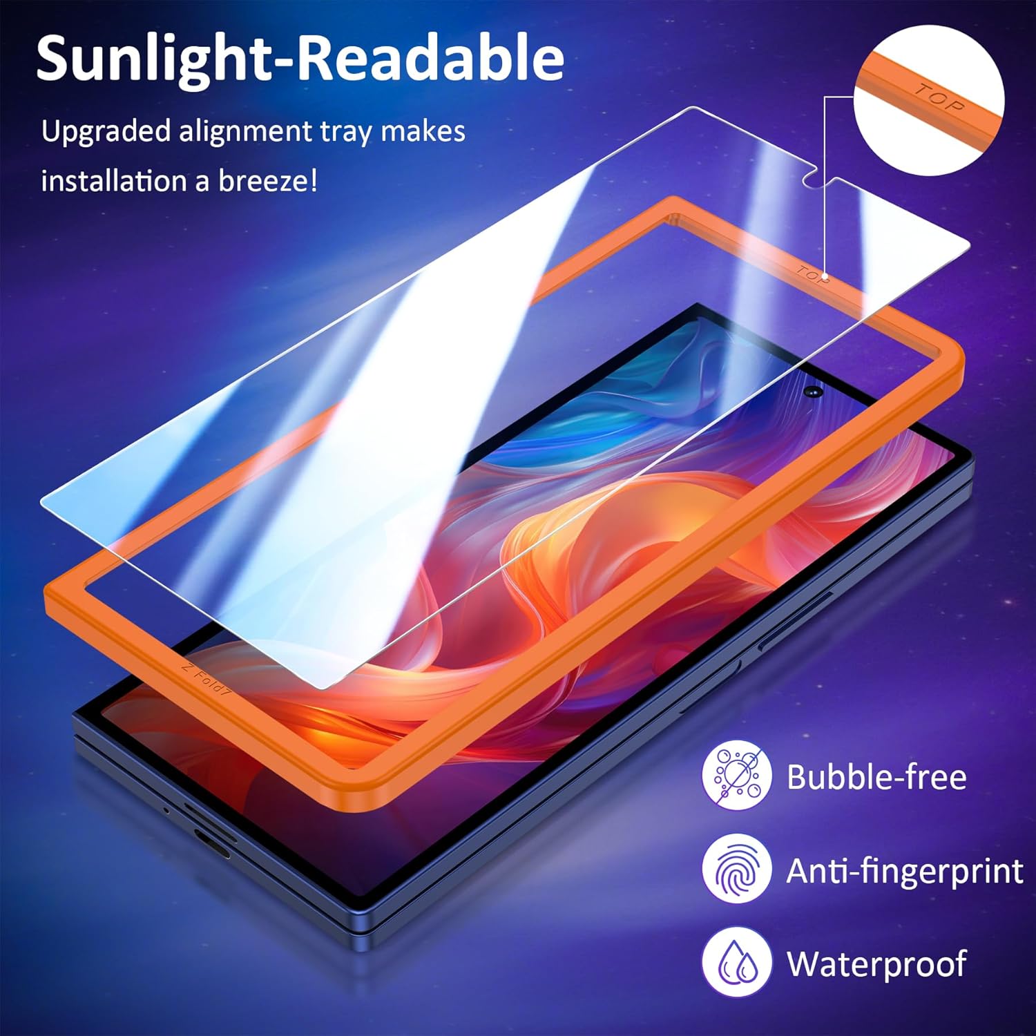 YWXTW Anti-Reflective Front Screen Protector for Samsung Galaxy Z Fold 7, Military-Grade Tempered Glass Film with Alignment Frame, Bubble Free High Touch Sensitivity - Clear 2 pack