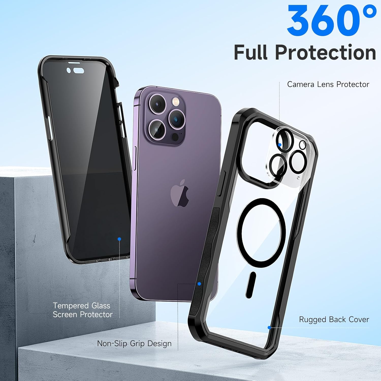 seacosmo for iPhone 14 Pro Max Case, Full Body Bumper with Built-in 9H Tempered Glass Privacy Screen Protector and Camera Lens Protector, Compatible with MagSafe, Shockproof Phone Cover, 6.7", Black