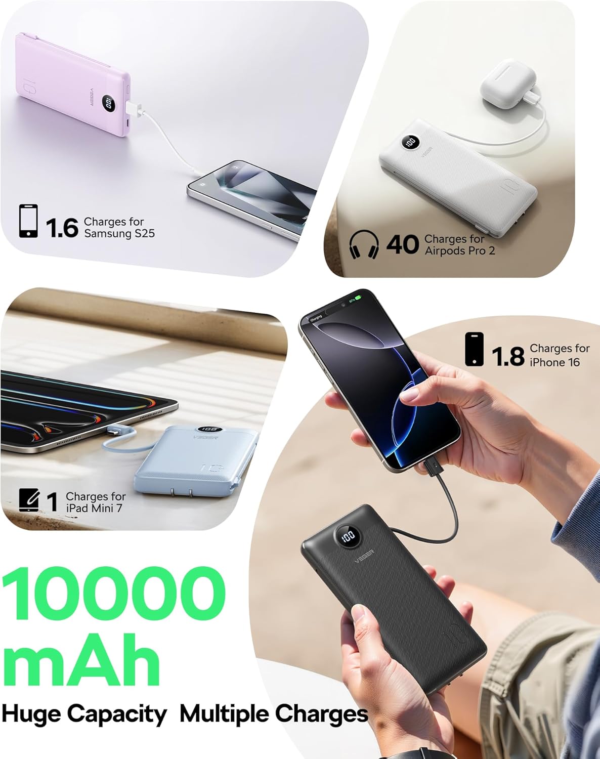 VEGER Travel Essential AC Wall Plug Portable Charger, 10000mah Slim Portable Charger Built in Cables, USB C Power Bank 15W Fast Charging, Battery Pack Compatible with iPhone, Android and More(Purple)