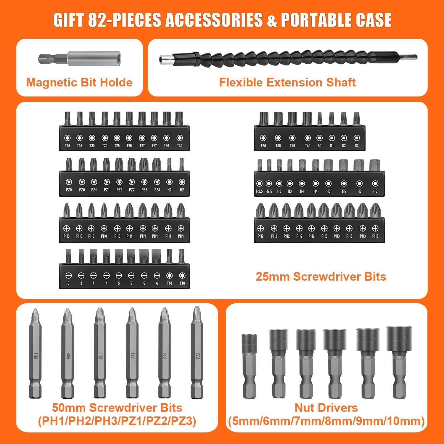 ENERTWIST 8V Cordless Electric Screwdriver, 82pcs 10Nm Max Fast Rechargeable Screwdriver Set with 1Hr Charger and Accessory Kit in Carrying Case, 21+1 Cluth, Dual Position Handle, ET-CS-8K