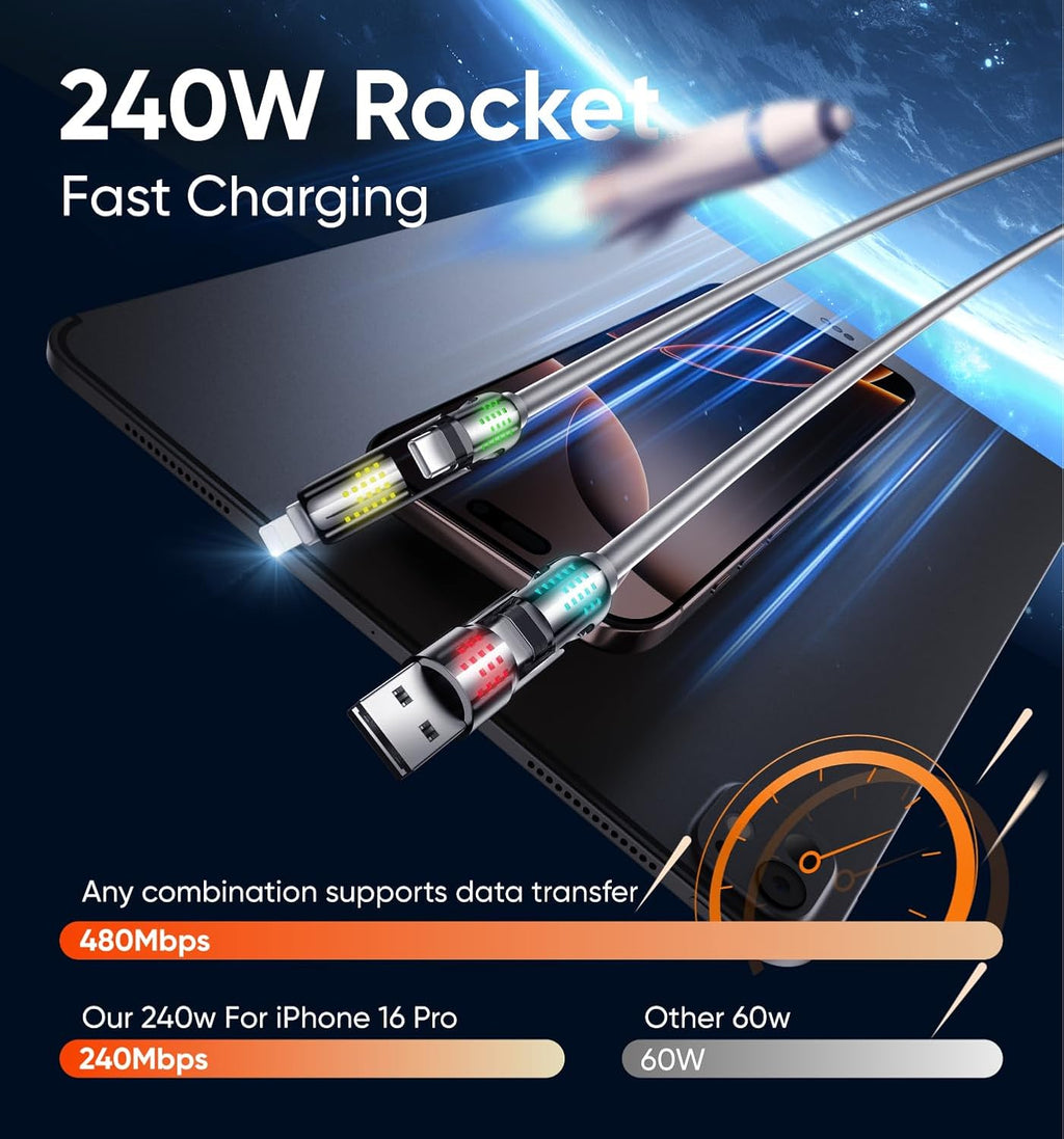 MAGIC JOHN 240W 4 in 1 Charging Cable, 4FT USB C to Lightning Cable [MFi Certified], Chubby USB A/C to C/Lightning with Light for iPhone/MacBook/iPad/Samsung/Switch 2, Multi Chargers for All Devices