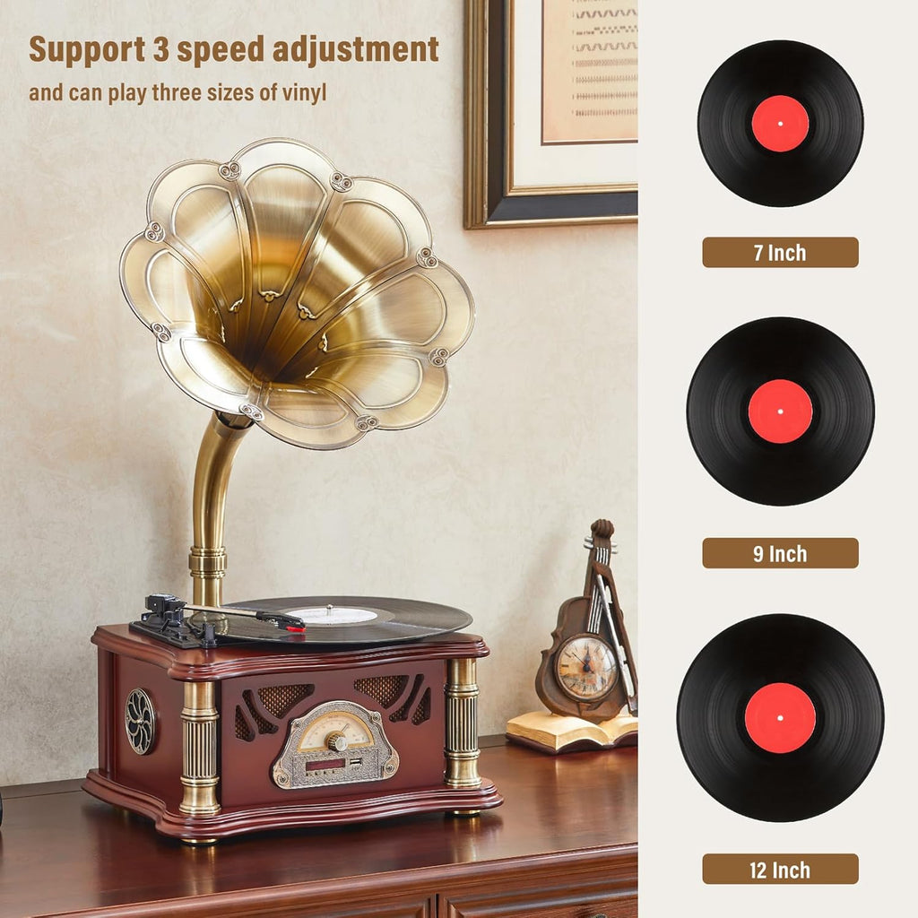 Vintage Gramophone with Bluetooth Output Vintage Record Players Retro Gramophone Turntables for 7" 9" 12" Vinyl Records 3 Speed, Hi-Fi, Handcrafted by Pure Oak (Walnut)