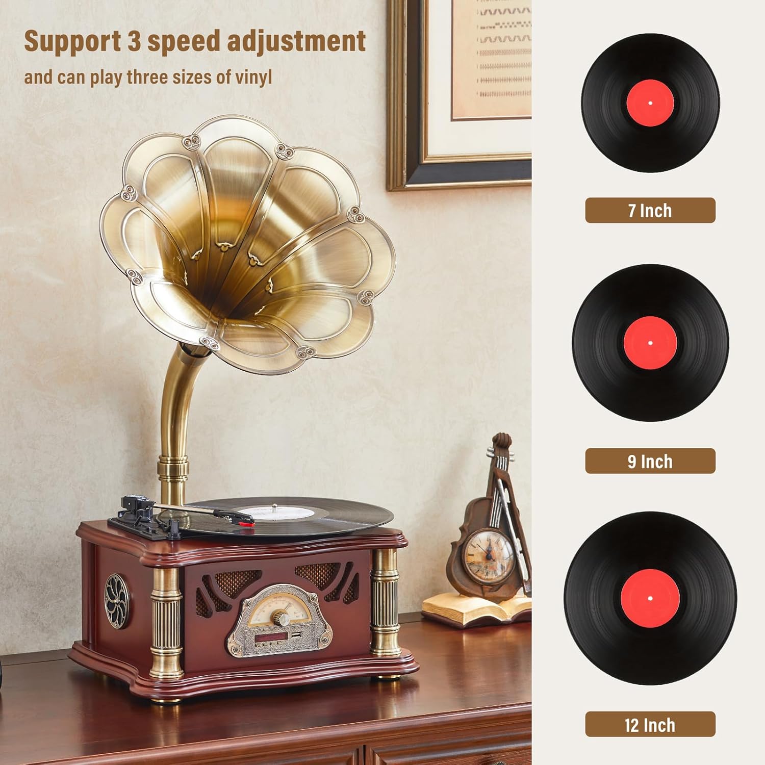 Vintage Gramophone with Bluetooth Output Vintage Record Players Retro Gramophone Turntables for 7" 9" 12" Vinyl Records 3 Speed, Hi-Fi, Handcrafted by Pure Oak (Walnut)