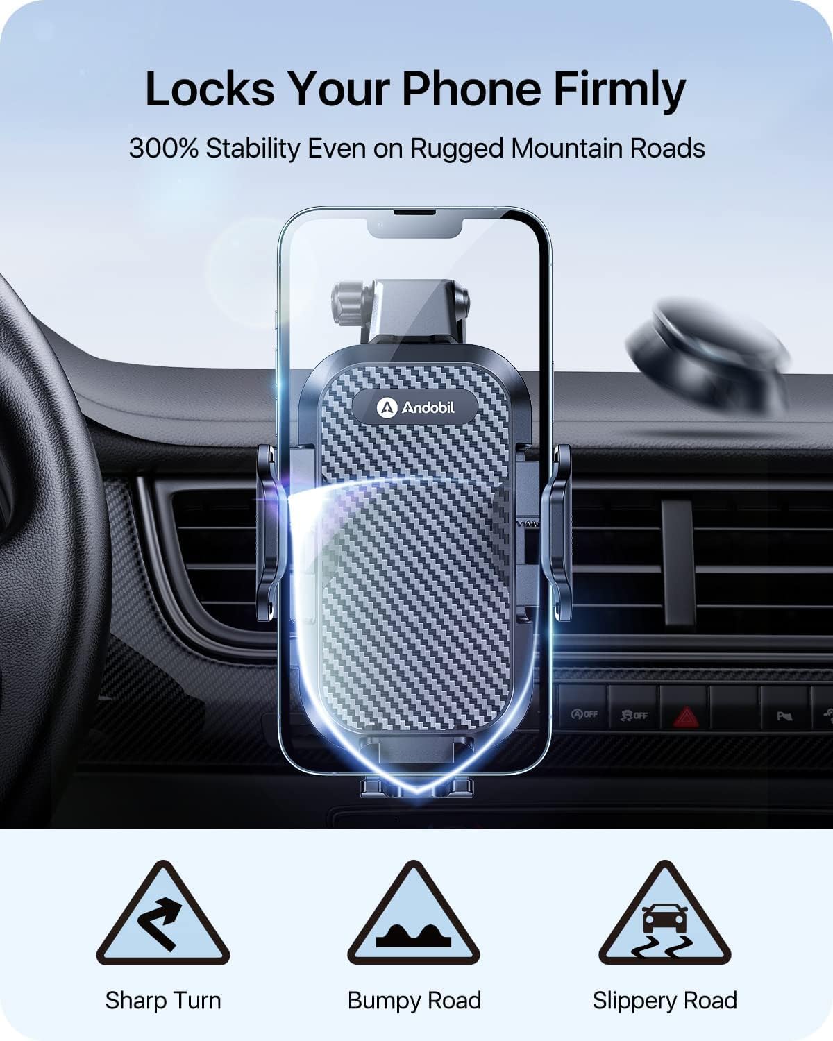 andobil Car Phone Holder, 2025 Military-Grade 85lbs Strongest Suction Phone Holders for Your Car Dashboard/Windshield/Vent Easy Clamp Cellphone Holder Truck Stand for iPhone 16 15 14 Pro Max Samsung