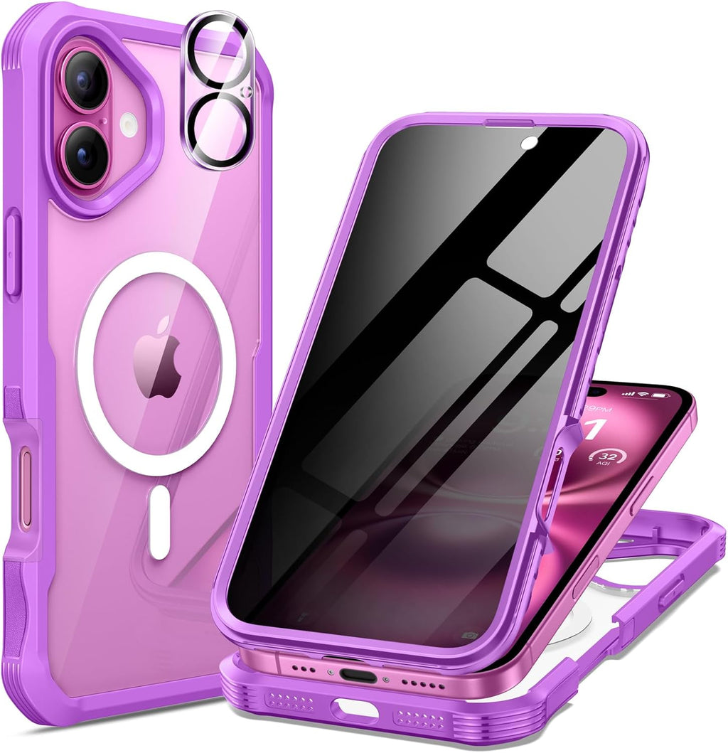 seacosmo for iPhone 16 Plus Case, Full Body Bumper with Built-in 9H Tempered Glass Privacy Screen and Camera Lens Protector, Compatible with MagSafe, Shockproof 16 Plus Phone Case, 6.7", Fuchsia Pink