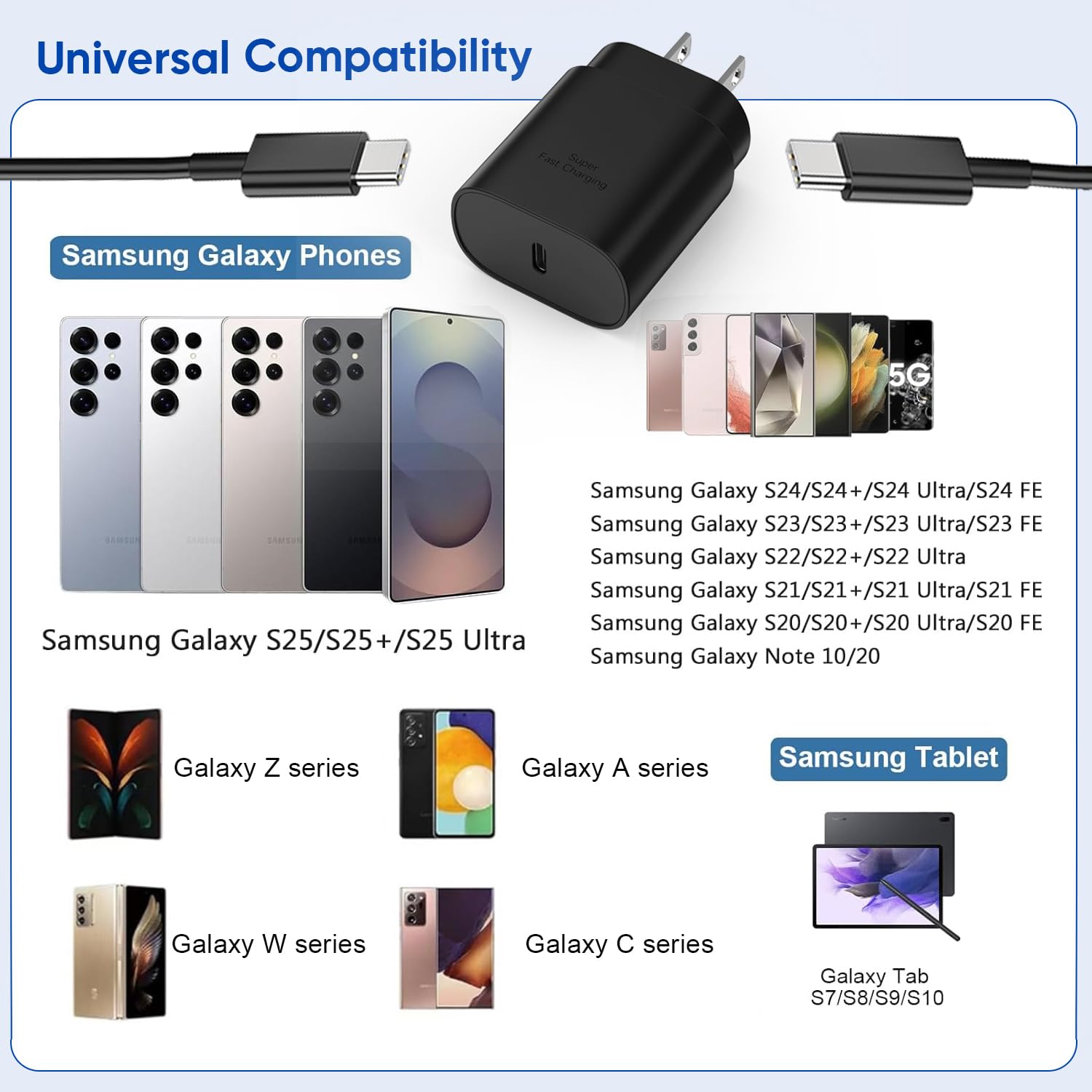 10FT Super Fast Charger Type C, 2Pack 25W USB C Wall Charge 10Foot Long Android Type C Charger Cable Fast Charging for Samsung Galaxy S25 Ultra/S25/S25+/S24+/S24 Ultra/S24/S24+/S23 Ultra/S22 Ultra/S21