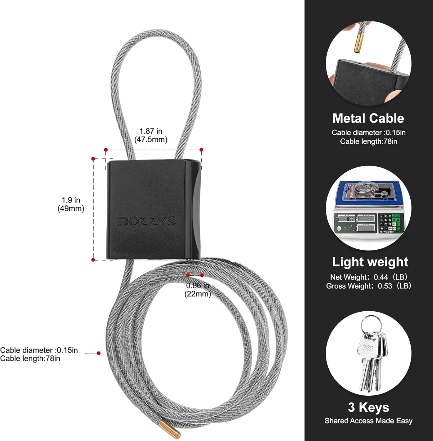 Cable Lock with 3 Keys | L 6.56ft(2m),D 1/6in(4mm) Adjustable Steel Cable Padlock | Aluminum Locks for Bikes, Gate, Lockers & Outdoor Gear | Weatherproof & Black