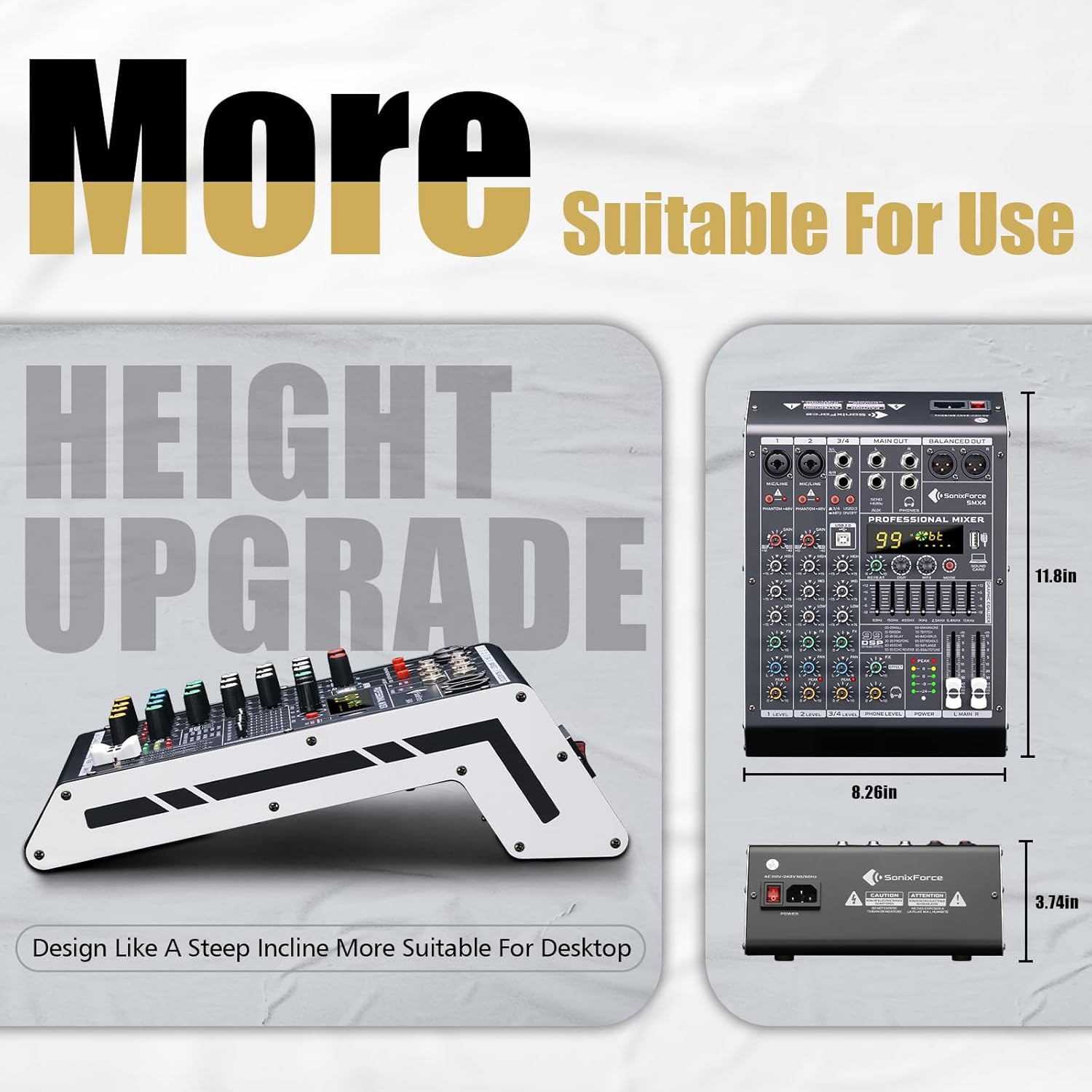 Professional Audio Mixer 4 Channel Sound Board Console System 99 DSP DJ Mixer 48V Phantom for Karaoke DJ Studio Streaming Recording