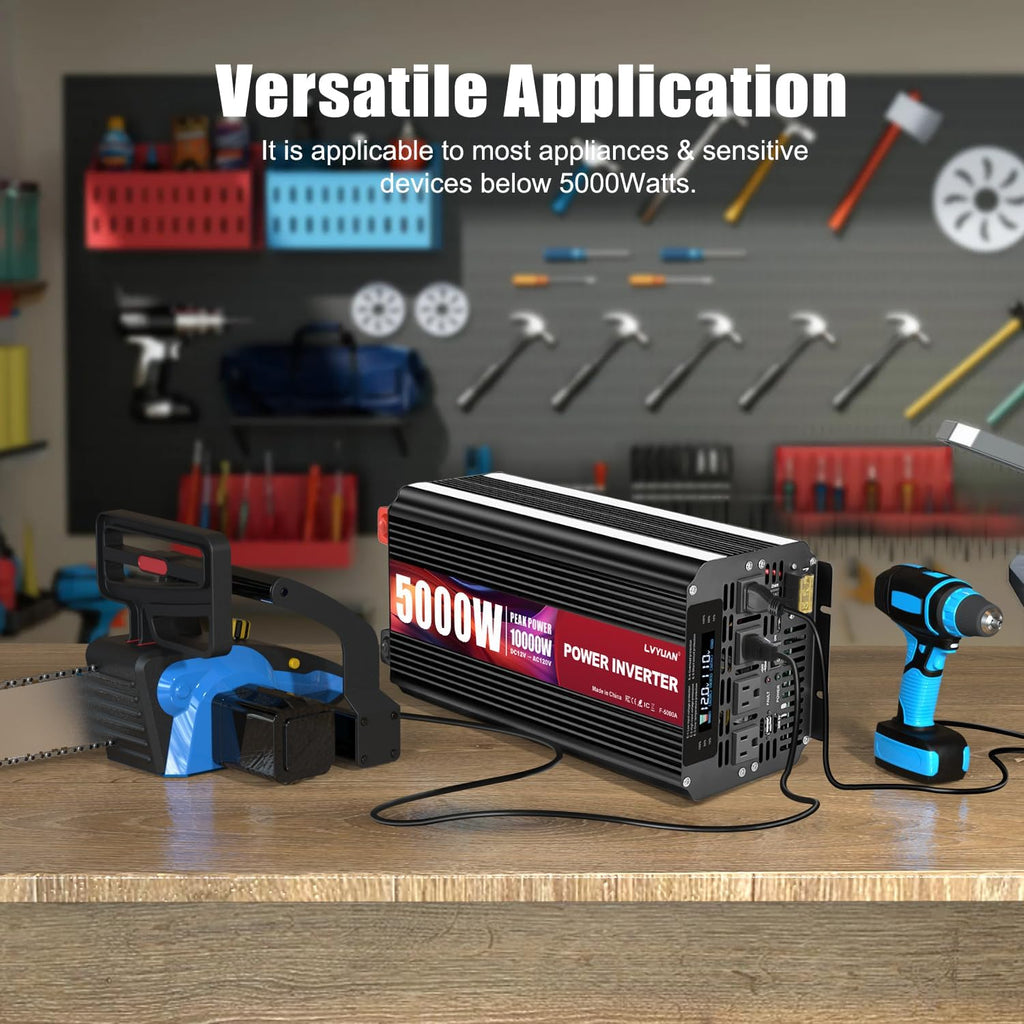 LVYUAN 5000 Watt Power Inverter 12V to 110V 120V for Vehicle, Solar Inverter System, Heavy Duty, RV, Truck, Off Grid,Camping with 4 AC Outlets, LCD Display, Wireless Remote Control, Car Power Inverter