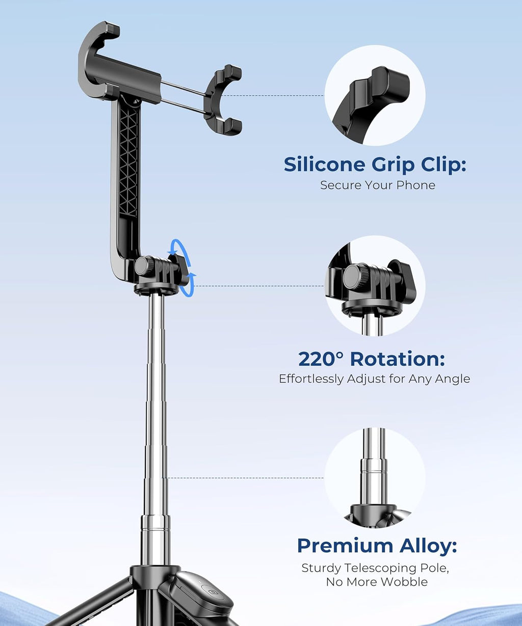 67‘’ Selfie Stick Travel Tripod, Extendable Tripod for iPhone with Wireless Remote Control and Phone Holder, iPhone Stand for Photograph, Compatible with All Cell Phones, Black