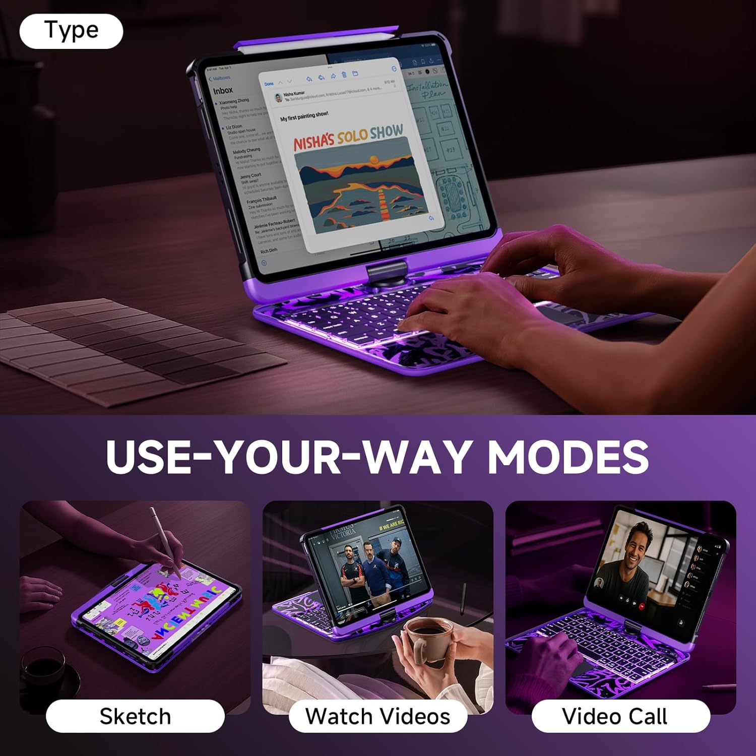 Transparent Case with Keyboard for iPad Air 13 Inch (M3/M2, 2025/2024), iPad Pro 12.9 Inch (6/5/4/3 Gen),7-Color Backlit,Magic wireless Keyboard, 360°Rotating,with trackpad,Pencil Holder,Purple