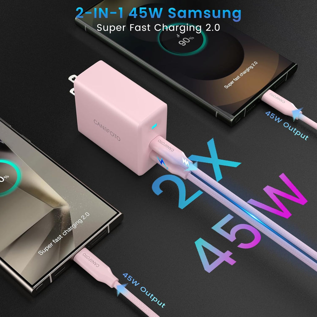 2Port 45W Super Fast Charger Type C, 2Pack 45W USB-C Charger Fast Charging for Samsung Galaxy S24 Ultra/S24+/S24/S23 Ultra/S23+/S22/S20/Note10+ with 2X 10ft Type C Cord (Pink)