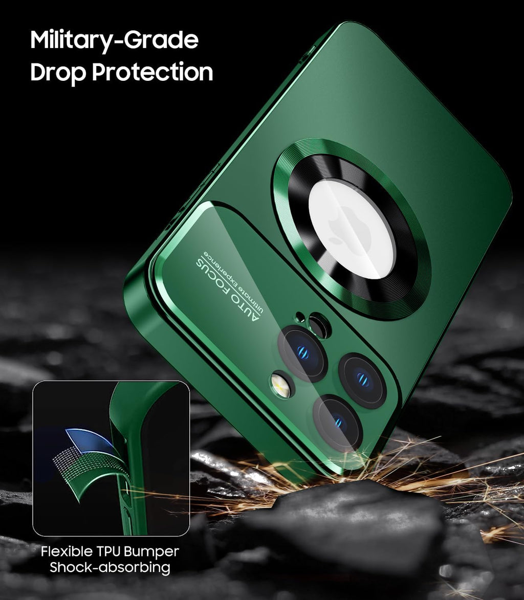 Magnetic for iPhone 13 Pro Max Case, Compatible with MagSafe, Built-in Camera Lens Protector, Logo View, Military Grade Drop Proof Phone Case Cover, Dark Green