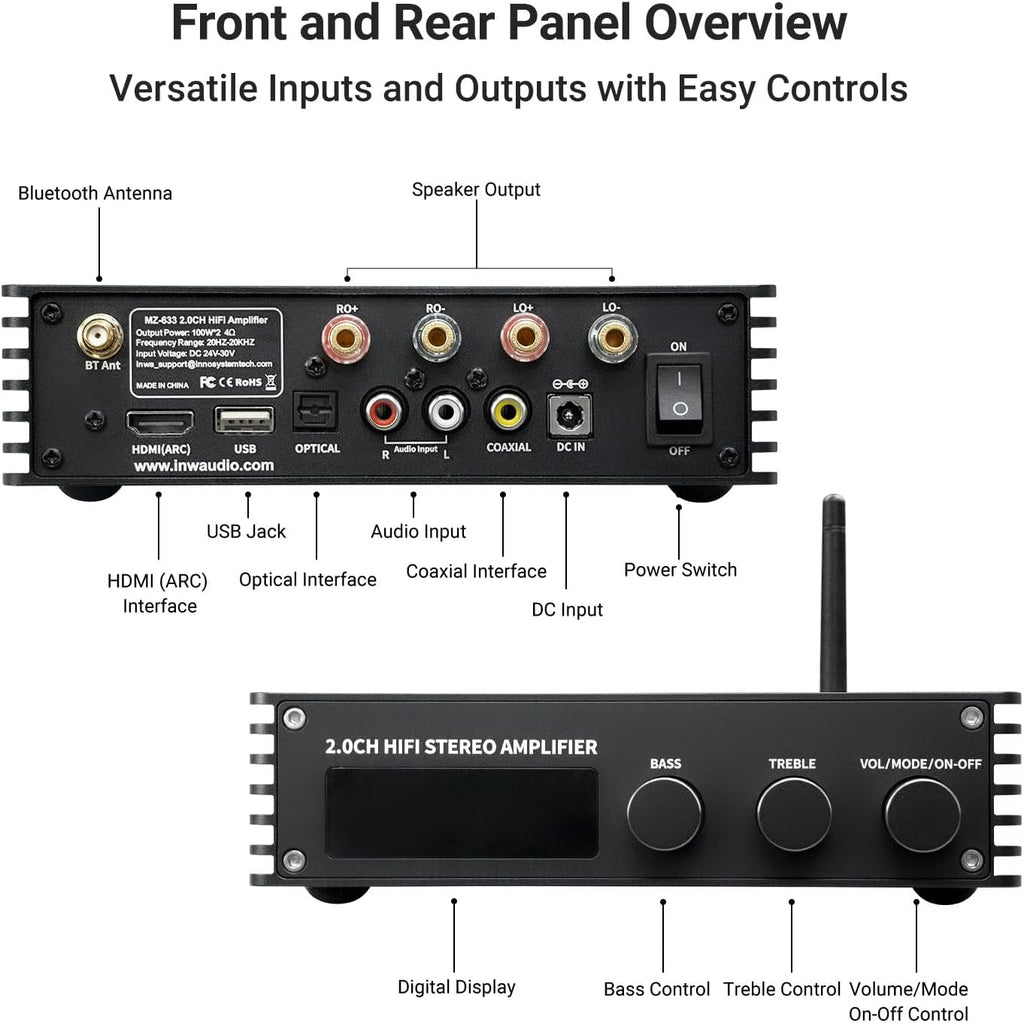 Inwa Bluetooth Audio Stereo Amplifier, 200W Dual Channel Mini Hi-Fi Stereo Receiver, 2.0CH Power Amp w/HDMI(ARC), Opt, Coax, USB, RCA for Home Speakers 100W x 2 with LED Display, Bass/Treble Control