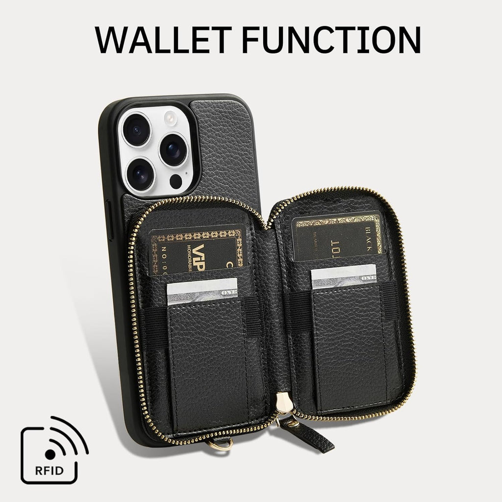 ZVE Wallet Case for iPhone 15 Pro, Phone Case with Card Holder with Wrist Strap RFID Blocking Zipper Leather Cover for Women for iPhone 15 Pro, 6.1"(2023) - Black