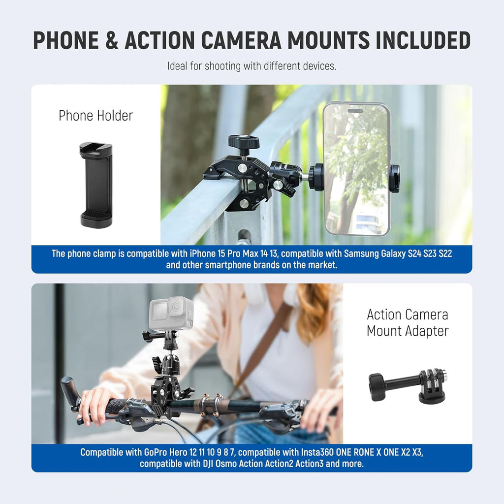 Neewer Super Clamp with Ballhead, Cold Shoe, Phone Holder and Action Camera Mount Adapter for Flat/Round Surface Compatible with GoPro DJI iPhone 15 Pro Max, ST87