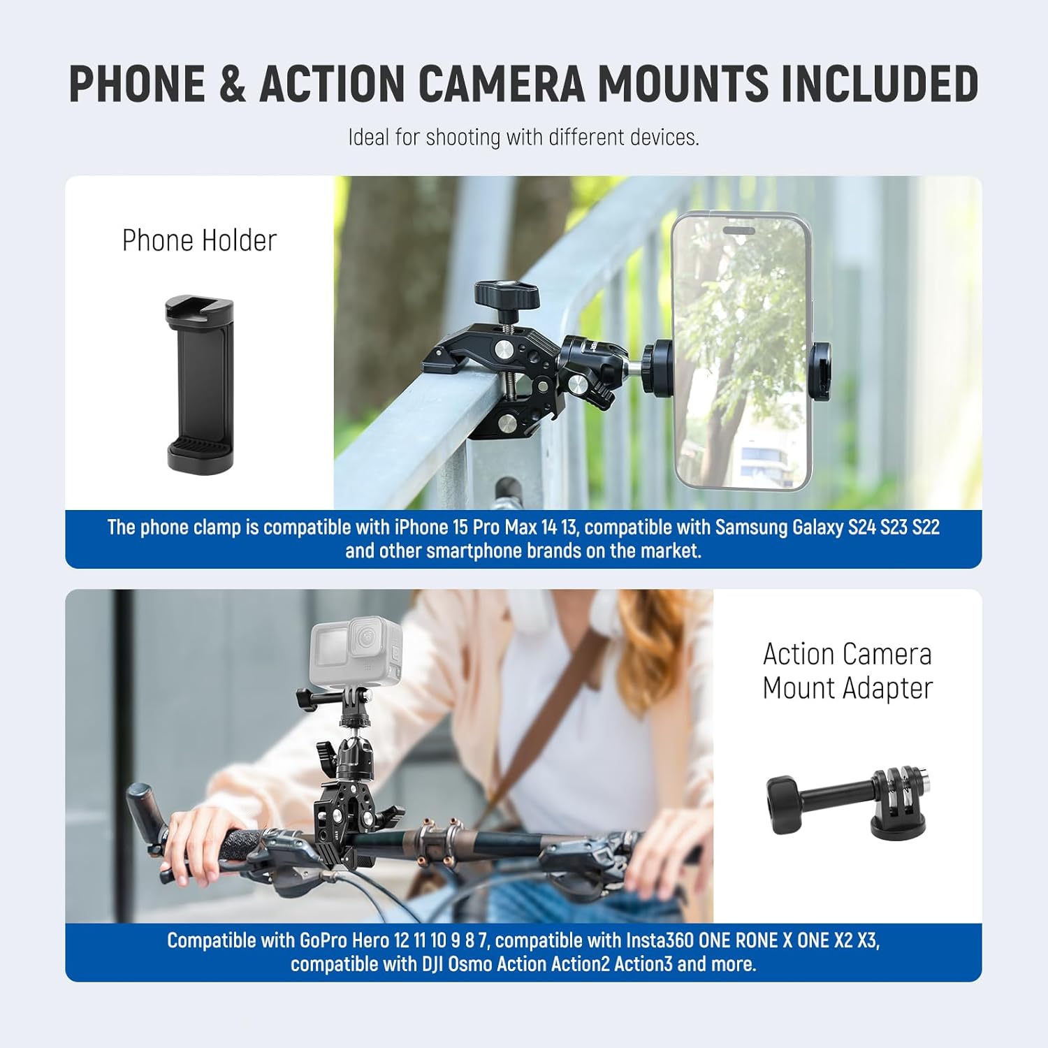 Neewer Super Clamp with Ballhead, Cold Shoe, Phone Holder and Action Camera Mount Adapter for Flat/Round Surface Compatible with GoPro DJI iPhone 15 Pro Max, ST87