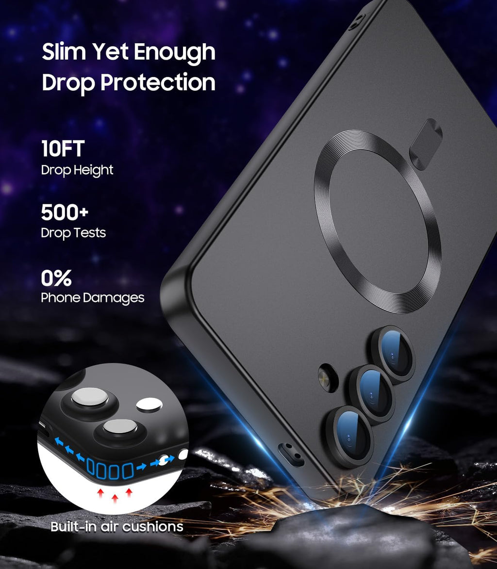 Magnetic for Samsung Galaxy S24 Case [Compatible with MagSafe][Built-in Camera Lens Protector] Slim Soft Silicone Bumper Shockproof Metallic Luster Phone Case (Black)