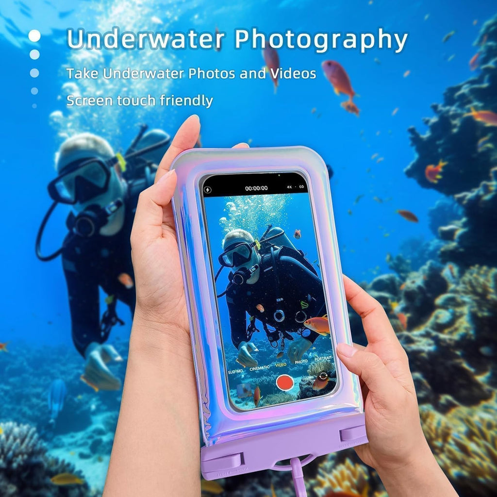 Floatable Waterproof Phone Pouch Case 2 Pax for iPhone 16 Pro Max/15/14/13/12, IP68 Travel Cellphone Dry Bag Beach Cruise Ship Essentials Bags with Crossbody Lanyard, Iridescent Purple and Black-7″