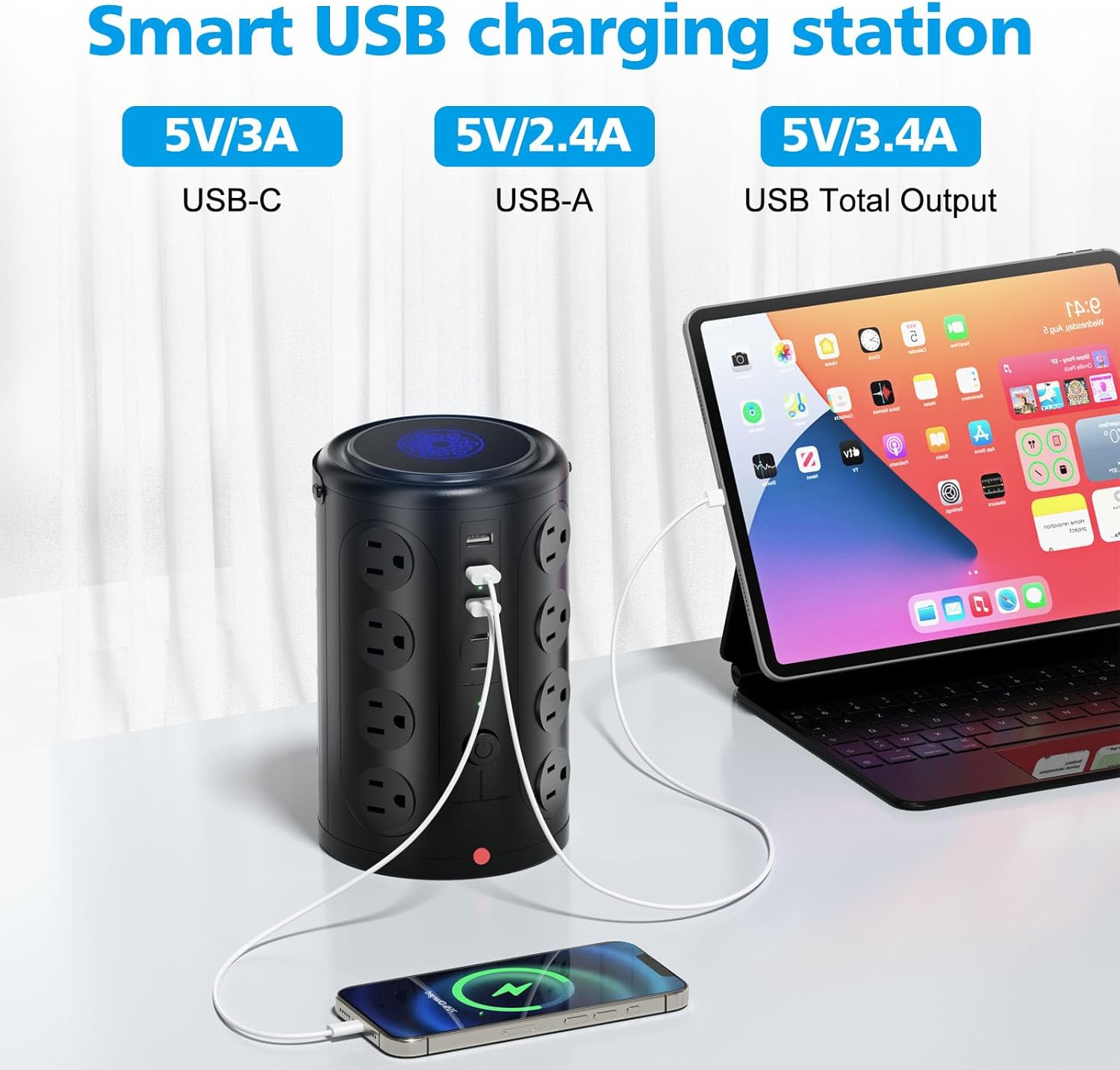 Tower Power Strip with 15W Wireless Charger, 20FT Extension Cord with Multiple Outlets, 16 AC Outlets & 5 USB (2 USB C) Charging Station Surge Protector for Office Home Dorm Room (Black)