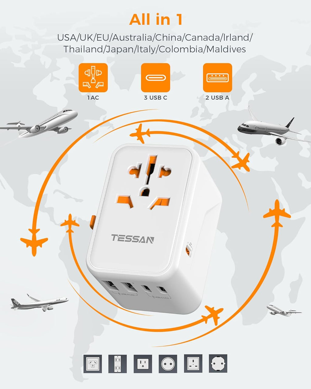 TESSAN Universal Travel Adapter Worldwide, GaN 65W International Plug Adaptor with 3 USB C 2 USB A Ports, World Power Outlet for European USA UK Australia Ireland(Type C/G/A/I)