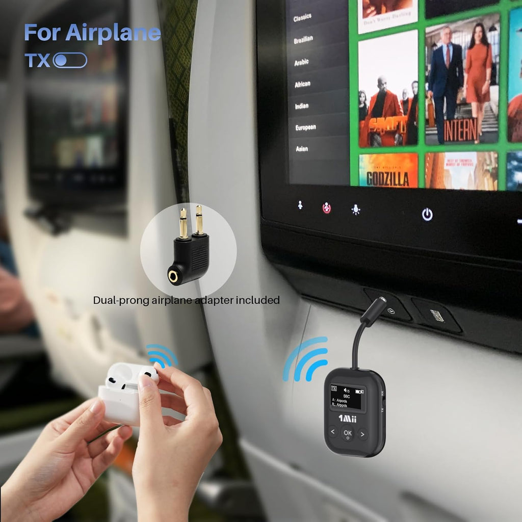 1Mii SafeFly Min+ Bluetooth Transmitter and Receiver,Bluetooth Adapter for Airplane, Supports to 2 AirPods/Headphones,Use with Any 3.5mm Jack on Airplanes, Gym, TVs, Car, Home, Boat(White)
