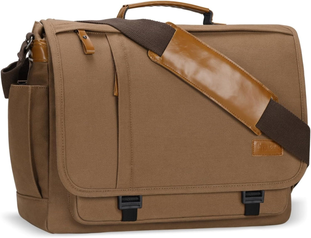 ESTARER Messenger Bag 17-17.3 Inch, Men's Computer Bag Water-resistant Canvas, Laptop Shoulder Bag for Travel Work College, Brown