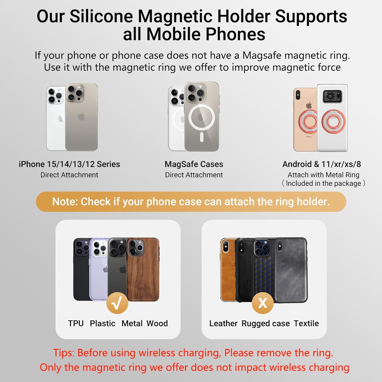 OPSO Magnetic Phone Ring Holder for MagSafe, 360 Degree Rotation Silicone Finger Ring Grip Stand Holder, Adjustable Kickstand, Compatible with iPhone 16 15 14 13 12/Pro/Max, Samsung and All Smartphone