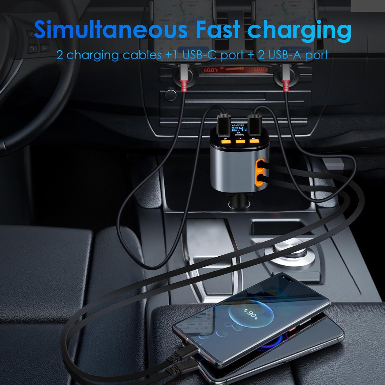 Retractable Car Charger,5 in 1 Fast Car Phone Charger 90W,Bluetooth 5.3 FM Transmitter Adapter,Handsfree Call,2 Retractable Cables and USB Cars Chargers for iPhone 15/14/13 (Black)