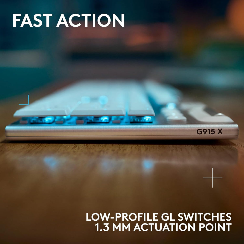 Logitech G915 X Lightspeed Wireless Mechanical Gaming Keyboard, Double-Shot PBT Keycaps, Fully Programmable Keys, RGB Backlit Mac/PC Gaming Keyboards, Aluminum Finish, GL Tactile Switches, White