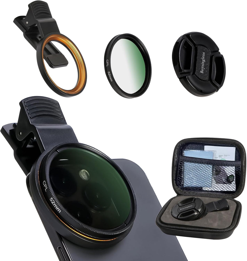 52MM Circular Polarizer Filter, Ultra Slim Multi-Coated CPL Lens Filter, Clip-on Phone Camera Filter Kit, Compatible for iPhone 15 14 13 12 11,Motorola, Google Pixel and Other Smart Phones
