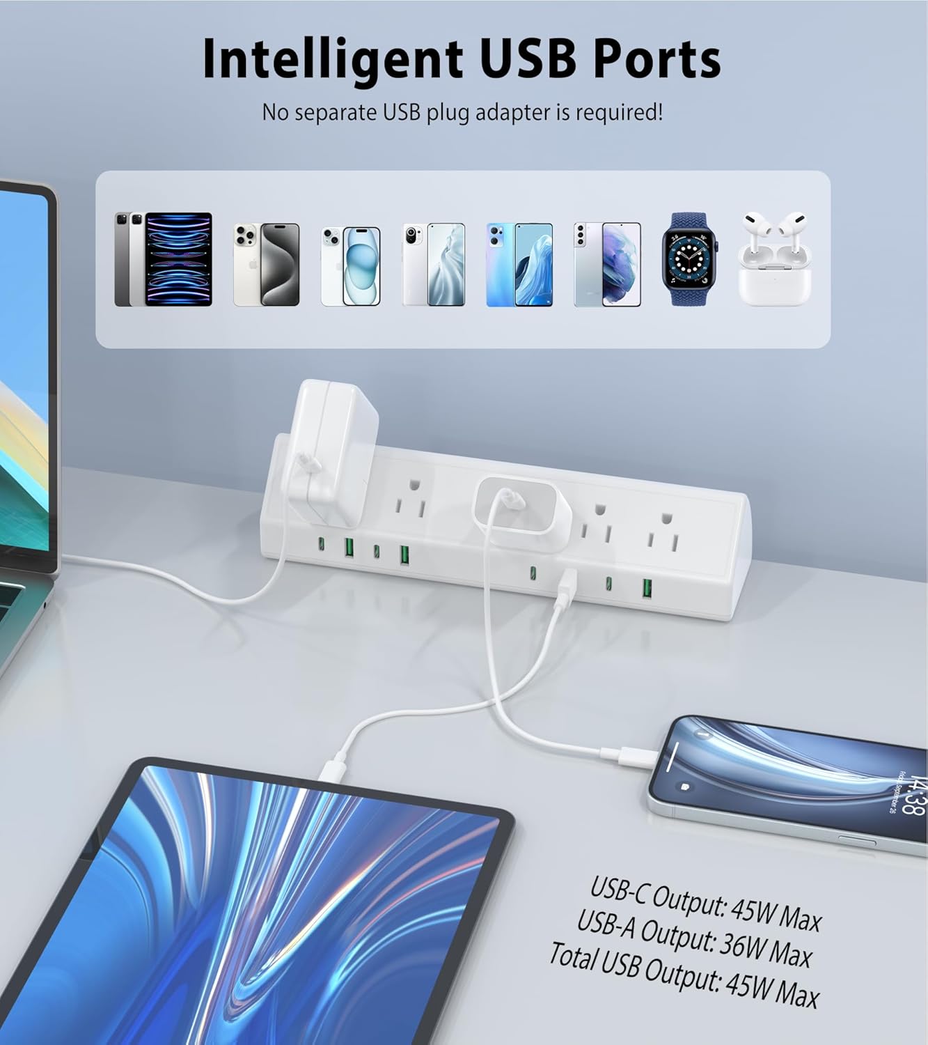 45W Fast Charging Station,Desk Clamp Power Strip,4 PD USB-C Ports,5 AC Outlets,Surge Protector Power Strip, 14AWG Heavy Duty Cord, Fits 1.9" Tabletop Edge (White, 20 FT Cable)
