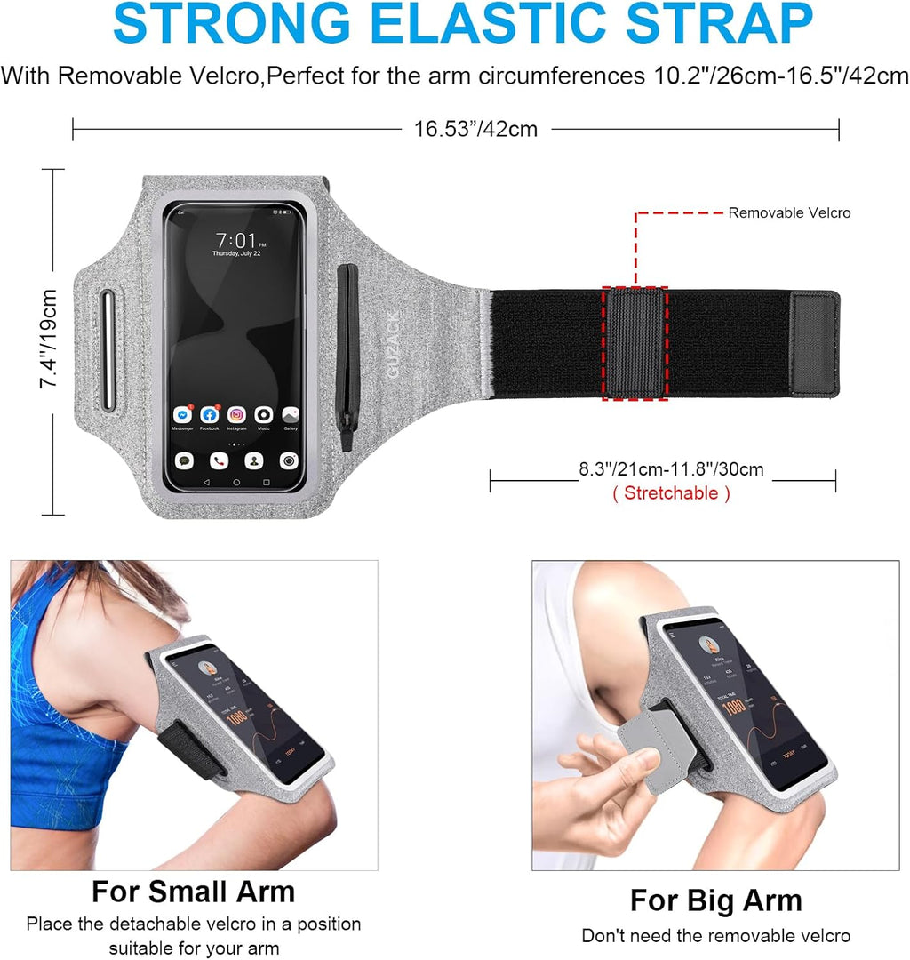 GUZACK Running Armband Case for iPhone 16/15/14/13/12/11 Pro Max, Galaxy S25/S24/S23/S22, Universal Cell Phone Arm Holder with Key Pocket & Card Slot, Gray