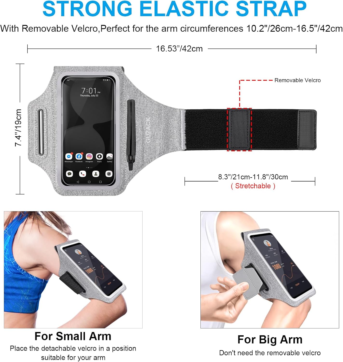 GUZACK Running Armband Case for iPhone 16/15/14/13/12/11 Pro Max, Galaxy S25/S24/S23/S22, Universal Cell Phone Arm Holder with Key Pocket & Card Slot, Gray