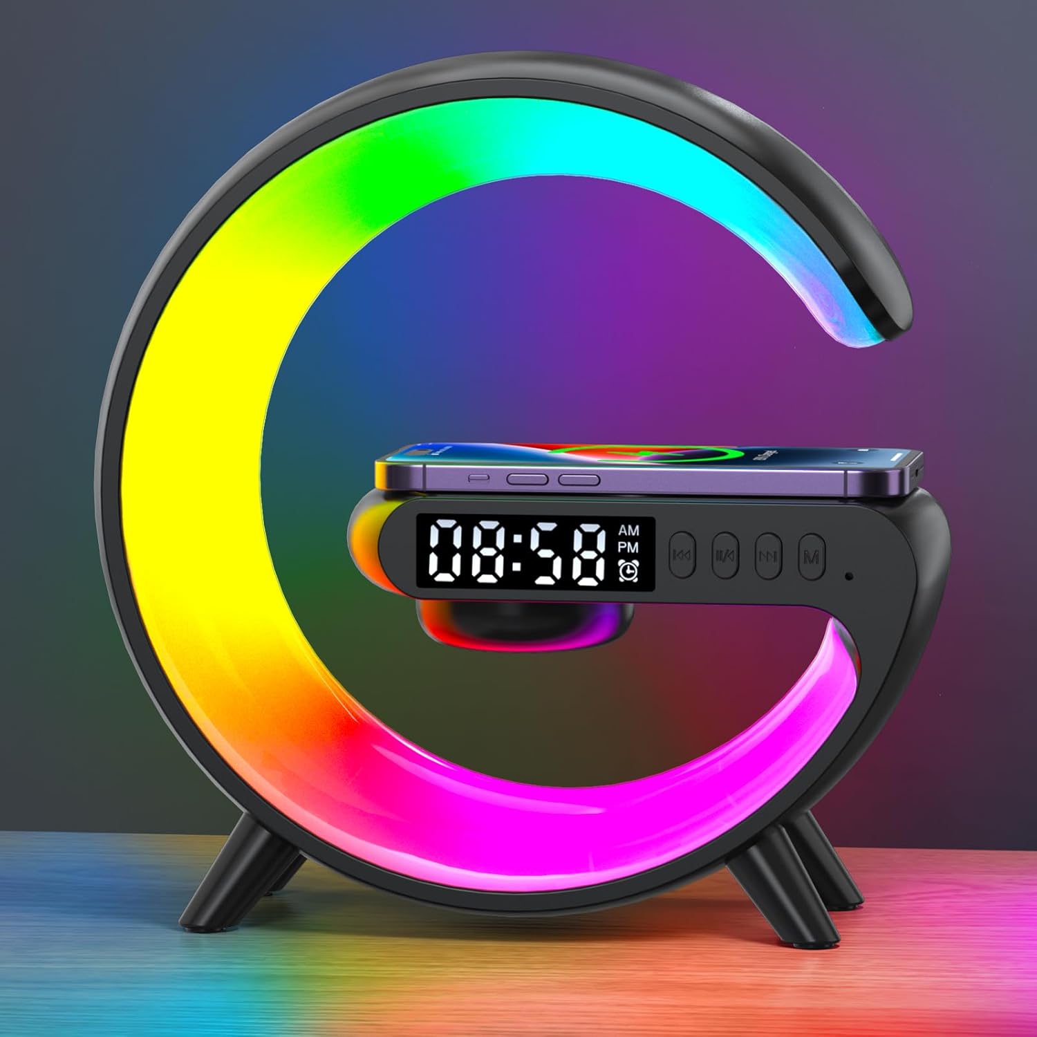 Mini LED Table Lamp with 4-in-1 Wireless Charger, Night Light, Sunrise Alarm Clock, Bluetooth Speaker, Smart Atmosphere Table Lamp for Bedroom, Office, Home Decor (Black)