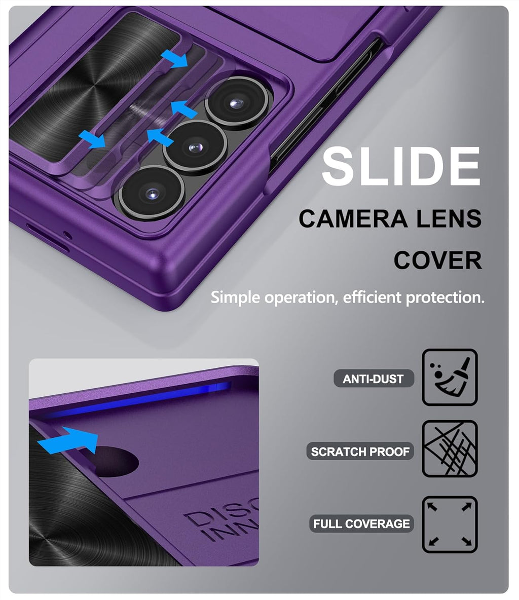 for Samsung Galaxy Z Fold 6 Case with Card Holder & Slide Camera Lens Cover & Hinge Protection & Screen Protector, Multifunctional Durable Rugged Phone Case for Samsung Z Fold 6, Dark Purple
