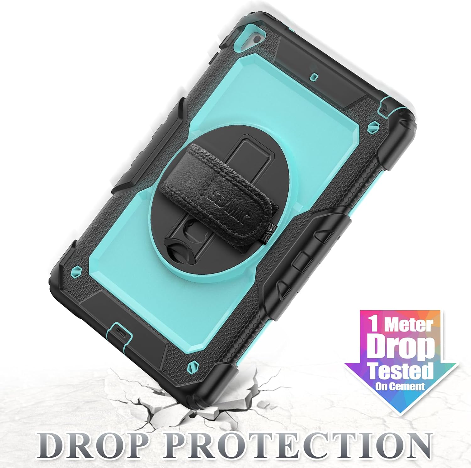 SEYMAC stock Case for iPad 6th / 5th Generation Case/Air 2 / Pro 9.7 inch, Heavy Duty Protective with Screen Protector, with Pencil Holder, Hand Strap, Shoulder Strap, 360 Rotate Stand, SkyBlue+Black