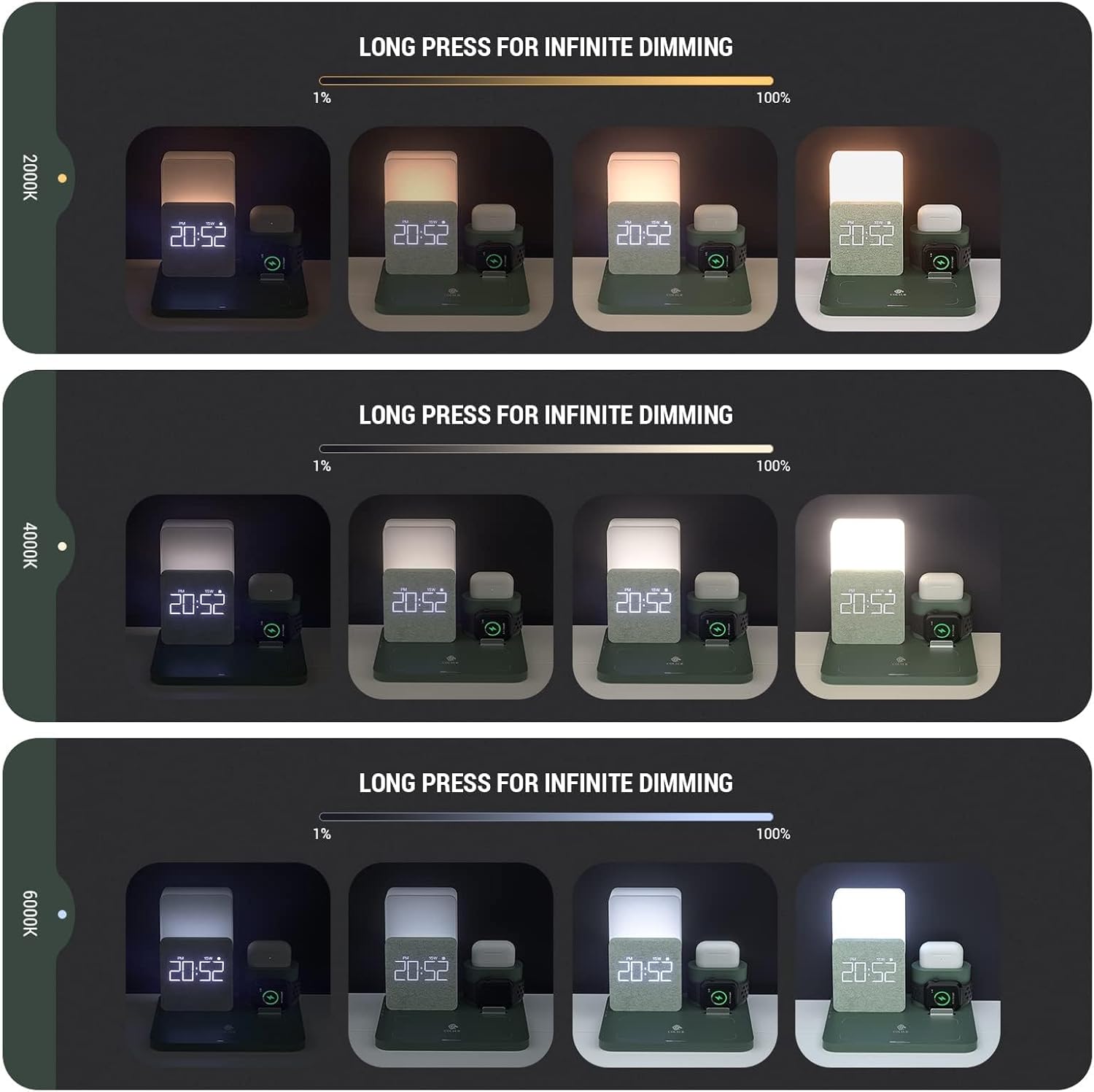 Wireless Charging Station, iPhone 3 in 1 Fast 15W Wireless Charger with Alarm Clock and Night Light, Charging Dock for iPhone 12/13/14/15/16 Pro/Pro Max, Samsung, AirPods