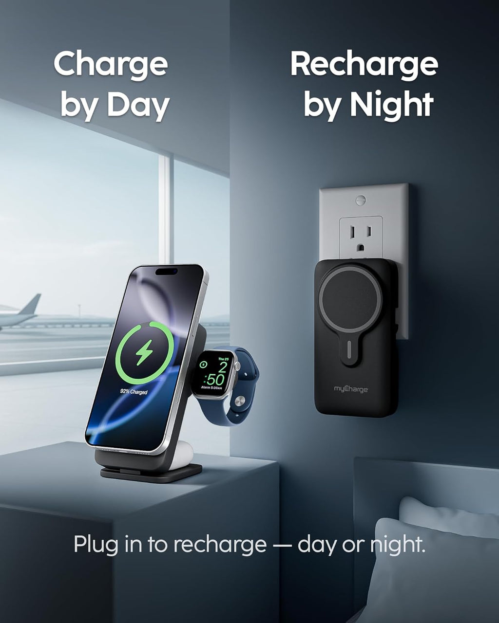 myCharge EcoHub 3 in 1 Apple Charging Station & Magsafe Battery Pack | Wireless Charger for iPhone, iWatch, AirPods | Magnetic Portable Charger with Wall Plug | Travel-Ready & Foldable