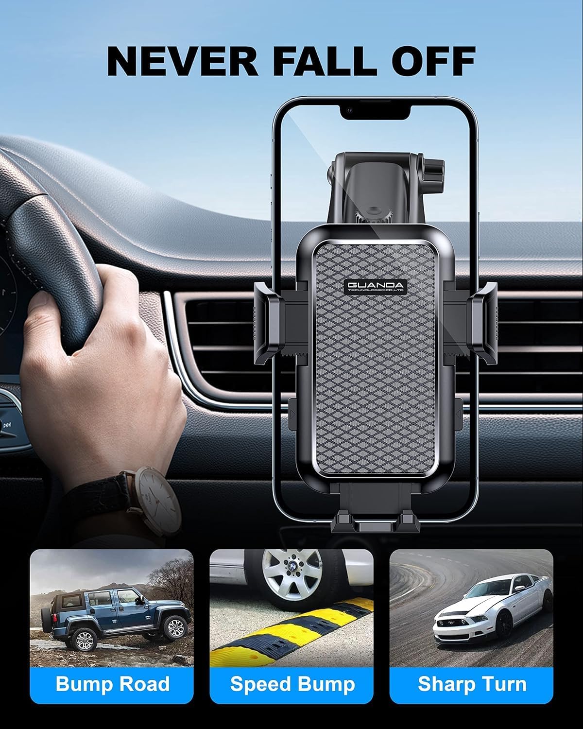 3-in-1 Car Phone Holder, Strong Suction Phone Mount for Windshield/Dashboard/Desk, Hands Free Dash Mounted Car Cell Phone Holder Stand, Truck Phone Holder for iPhone Samsung Android Smartphone