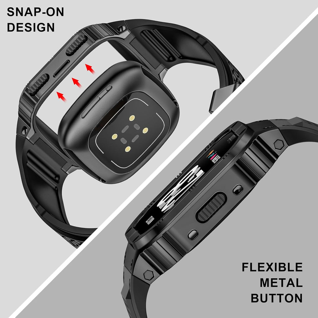 MioHHR Stainless Steel Case and Band Compatible with Fitbit Versa 4/3/2/Lite/Sense/Sense 2 Bands with Metal Case, Rugged Sports Protector Cover Silicone Wristbands for Men, Black