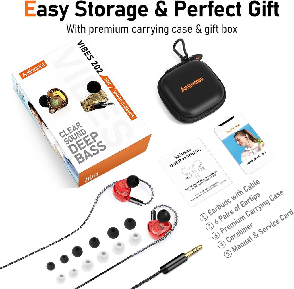 Vibes 202 Wired Earbuds - HiFi in Ear Monitor Headphones – Professional Noise-Isolating Ear Buds - Clear Sound, Deep Bass & Comfort-Fit IEM Earphones - MMCX to 3.5mm, Silver Plated Cord, Carrying Case