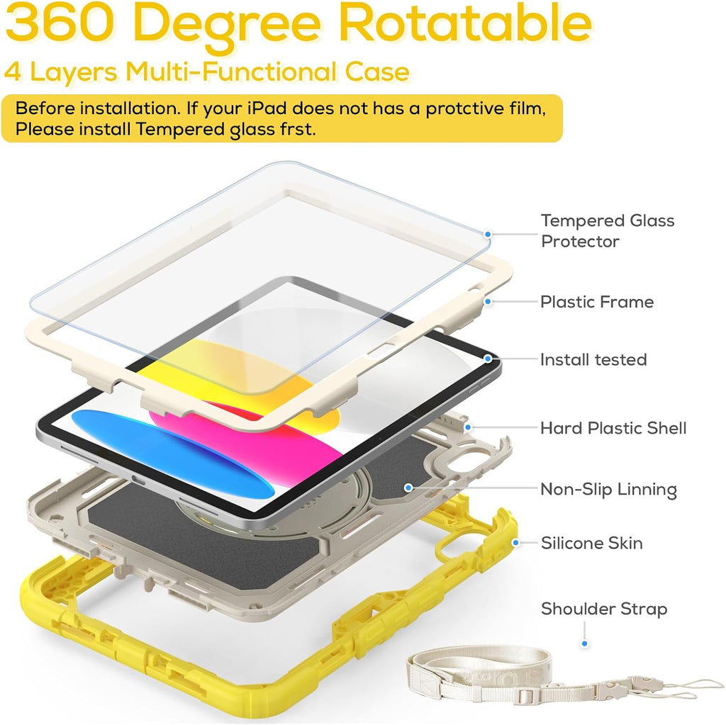 BLOSOMEET Case for iPad A16 11th/10th Generation 11''/10.9'' 2025 2022 with Tempered Glass Screen Protector, Rugged Cute Girls Boys Cover with Stand Hand Shoulder Strap, Fashion Yellow