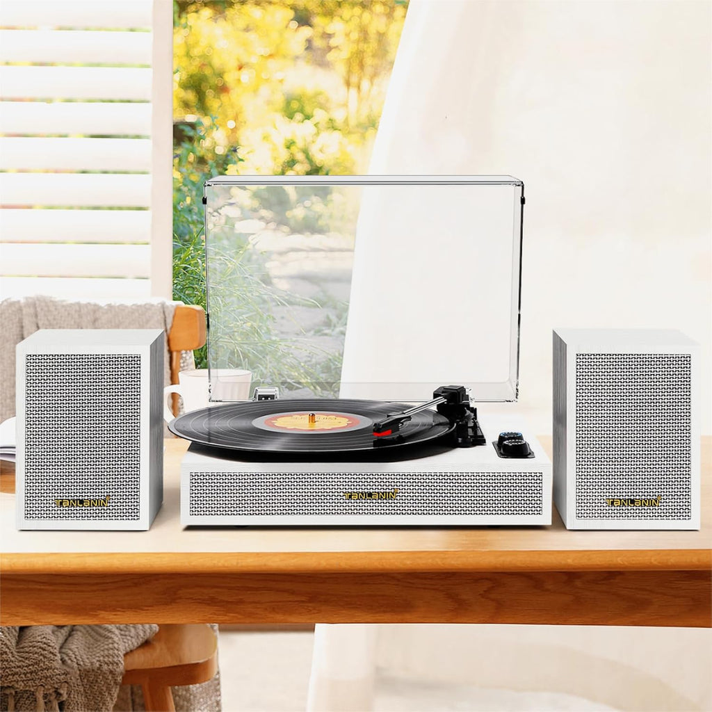 Vinyl Record Player with External Speakers, 3 Speed Vintage Belt Drive Turntable Record Player with Stereo Speakers RCA Audio Out and Aux-in, White Wood
