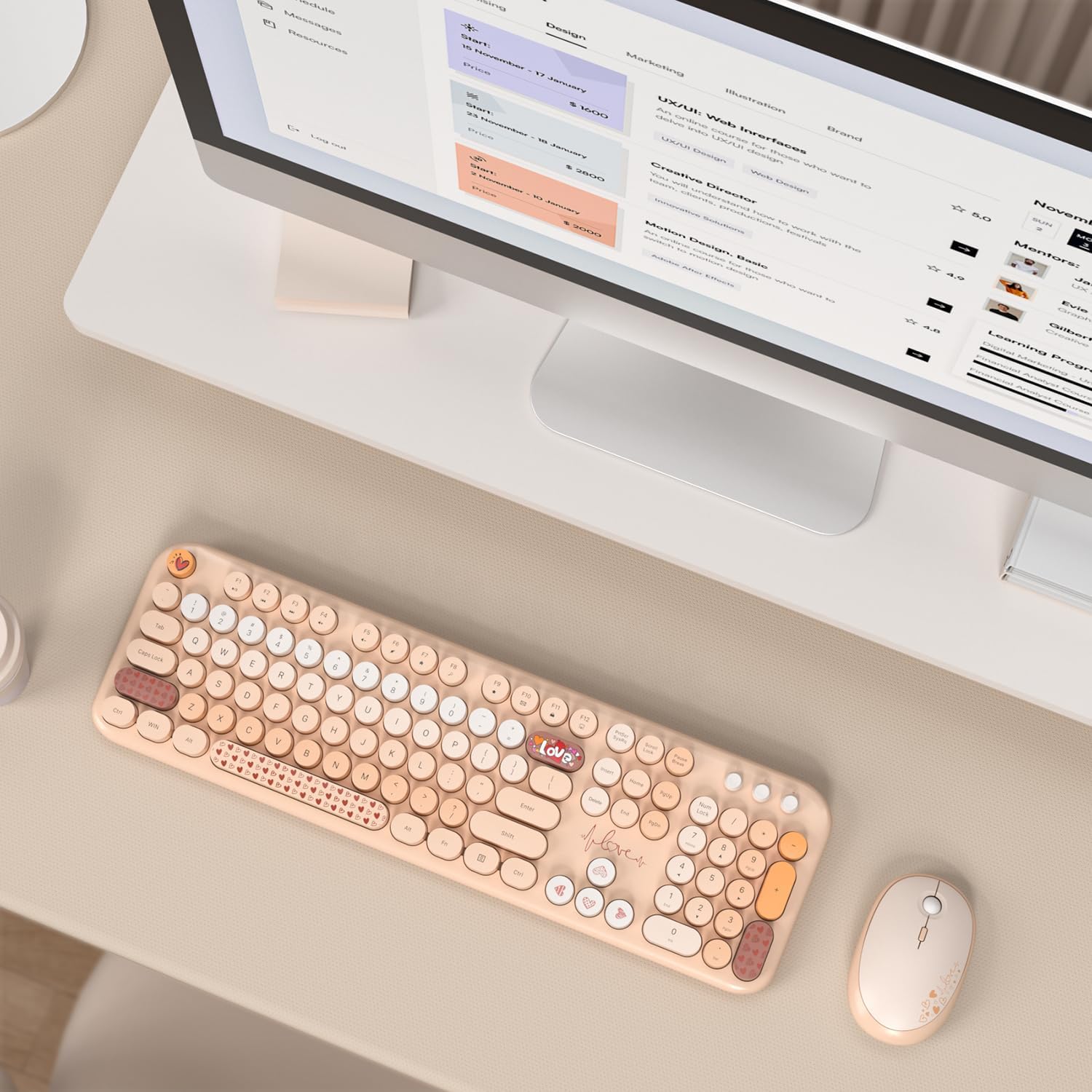 KNOWSQT Wireless Keyboard and Mouse Combo - Lovely Milktea Rainbow Full-Sized Typewriter Colorful Keyboards, Round Keycap USB Plug Play Retro Cute Keyboards for Windows, Laptop, PC, Desktop, Computer