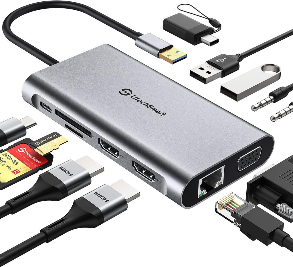 UtechSmart USB Docking Station, 11 IN 1 USB C Dock Triple Display, USB 3.0 Laptop Docking Station with Dual HDMI, VGA, PD, Ethernet, SD/TF, USB 3.0, Mic/Audio, Compatible for MacBook M1 Dell HP Lenovo