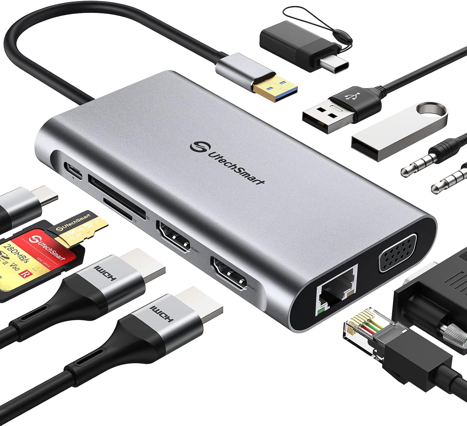 UtechSmart USB Docking Station, 11 IN 1 USB C Dock Triple Display, USB 3.0 Laptop Docking Station with Dual HDMI, VGA, PD, Ethernet, SD/TF, USB 3.0, Mic/Audio, Compatible for MacBook M1 Dell HP Lenovo