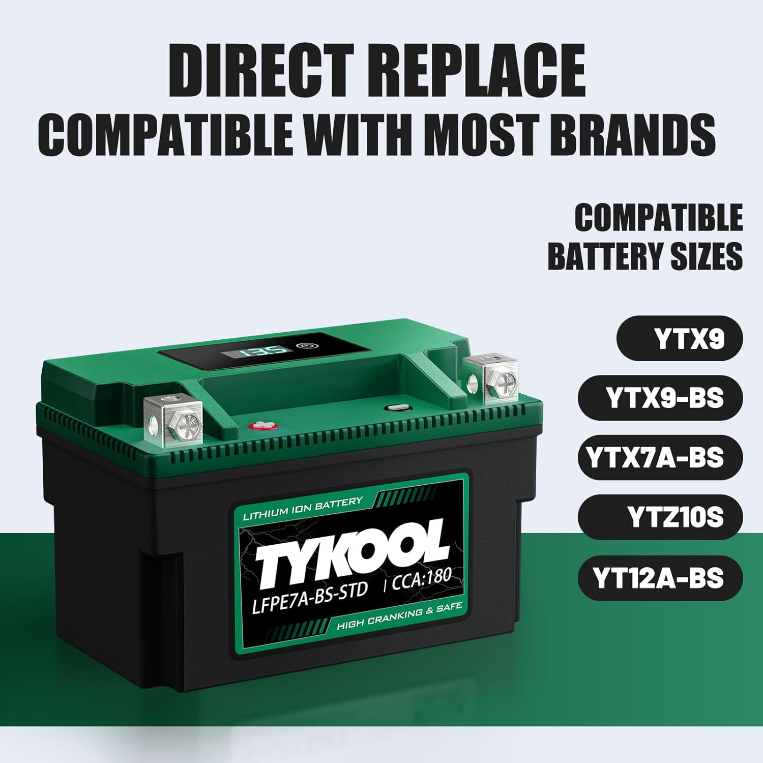 YTX7A-BS-STD 12.8V 3AH 180CCA LiFePO4 Lithium Motorcycle Battery fit for ATV,UTV, Riding Lawn Mower，Snowmobile，Scooter, Personal watercraft, Jet Ski, 4 Wheeler and more.